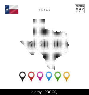 Points Pattern Map du Texas. Silhouette Simple stylisée du Texas. Le drapeau de l'État du Texas. Ensemble de marqueurs de la carte multicolore. Illustration isolé Banque D'Images