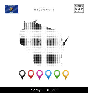 Points Pattern Map du Wisconsin. Simple silhouette stylisée du Wisconsin. Le drapeau de l'État du Wisconsin. Ensemble de marqueurs de la carte multicolore. Illustrat Banque D'Images