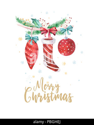 Joyeux Noël et Bonne Année 2019 decoration jeu hiver. Arrière-plan de l'aquarelle. Élément de Noël. Banque D'Images
