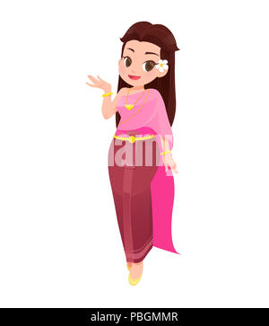 Illustration femmes thaïlandaises en tenue traditionnelle thaï traditionnel, costume de l'Asie du Sud-Est, Vector cartoon Banque D'Images