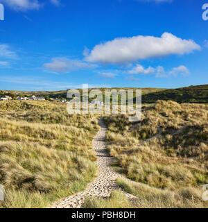 Le South West Coast Path passe à travers les dunes de sable près de Baie de Holywell, Cornwall, UK. Banque D'Images