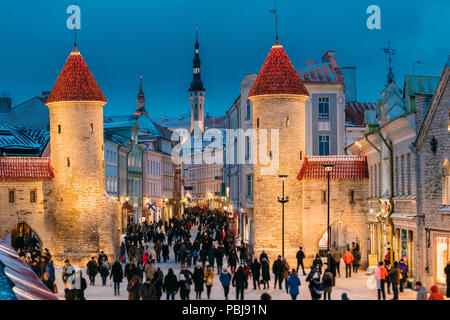 Tallinn, Estonie. Les gens autour de célèbre de la Porte Viru dans l'éclairage des rues à l'éclairage du soir ou de nuit. Noël, Noël, Nouvel An Maison de Vacances Banque D'Images