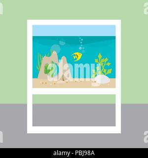 Modèle plat illustration de meubles avec aquarium et poissons avec des plantes et de la décoration dans la chambre avec mur vert - vector Illustration de Vecteur