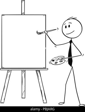 Cartoon of Businessman Holding pinceau et Palette et écrit sur toile toile vide Illustration de Vecteur