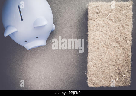 Tirelire en terre cuite et panneau d'isolation des murs en pierre sur un arrière-plan - vue de dessus Banque D'Images