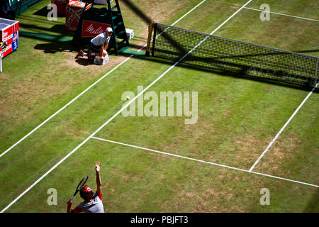 Roger Federer sert lors de la finale du 2013 Gerry Weber Open à Halle (Westfalen), Allemagne. Banque D'Images