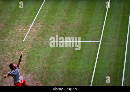 Roger Federer sert lors de la finale du 2013 Gerry Weber Open à Halle (Westfalen), Allemagne. Banque D'Images