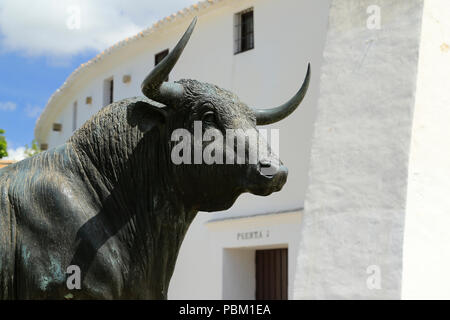 Close up of black bull statue à l'extérieur de l'arène de Ronda. Banque D'Images