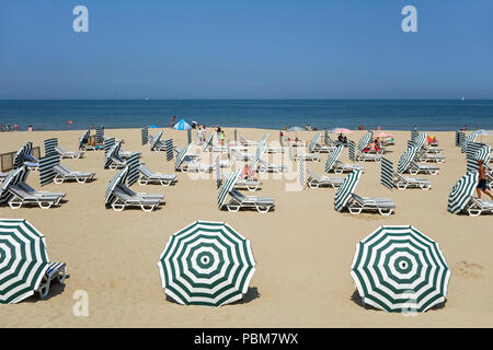 La plupart des sièges inclinables vide / chaises de plage et parasols à station balnéaire belge en raison de la canicule lors des vacances le long de la côte de la mer du Nord Banque D'Images