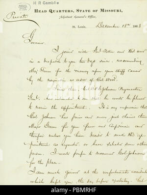 909 Lettre signée John B. Gray, Head Quarters, Etat du Missouri, adjudant général, Saint Louis, au gouverneur (Hamilton R. Gamble), Décembre 18, 1863 Banque D'Images