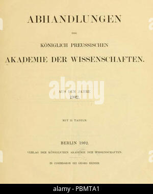 Abhandlungen   Königlich-Preussischen der Akademie der Wissenschaften    1902 Titel. Banque D'Images