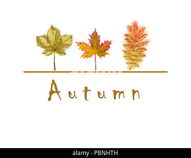 Les feuilles d'automne Aquarelle Conception avec word 'Autumn', et isolé sur fond blanc n. Banque D'Images