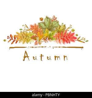 Les feuilles d'automne Arrangement avec word 'Autumn' sous. Isolé sur blanc. Création de contenu pour l'impression d'automne aquarelle, cartes, Annonce, Invitation, etc. Banque D'Images