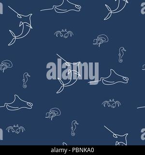 Inhabitan transparente motif marin. L'espadon, du crabe, de l'hippocampe, méduses, devilfish, ray, Stingray. Vector illustration. Fond bleu foncé. Illustration de Vecteur