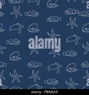 La vie marine motif animal sans couture. Des étoiles de mer, des poissons clown, calme pearl, tortue. Vector illustration. Fond bleu foncé. Illustration de Vecteur