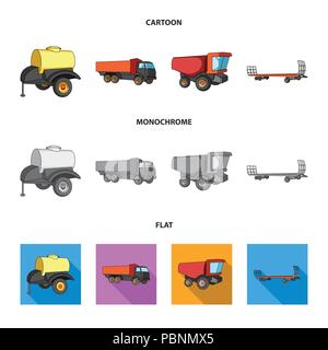 Remorque avec un baril, camion et d'autres appareils agricoles. Jeu de machines agricoles en icônes collection cartoon,télévision,style monochrome vector symbo Illustration de Vecteur