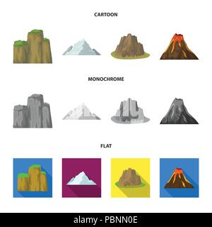 Des falaises abruptes, d'une éruption volcanique, une montagne avec une plage, un glacier. Différentes montagnes collection set icônes de cartoon,télévision,style monochrome vecto Illustration de Vecteur