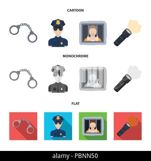 Menottes, policier, prisonnier, lampe.Police set collection icônes de cartoon,télévision,style monochrome symbole vecteur illustration de stock . Illustration de Vecteur