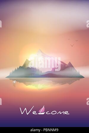 L'île de montagne Paysage Coucher de soleil dans la mer - Vector Illustration Illustration de Vecteur