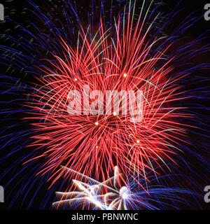 Peinture d'artifice le ciel au dessus de la base de la formation de forces interarmées, Los Alamitos, Californie, le 4 juillet 2018. Les partenaires d'installation avec les communautés locales pour présenter le 4 juillet annuel de la communauté d'artifice spectaculaire. Les presque 5 heures et les fournisseurs recommandés affiche militaire, des représentations musicales, et a abouti à un spectacle de 25 minutes de jeu de la musique patriotique. (U.S. Photo de la Garde nationale aérienne Aviateur Senior Housman Crystal) Banque D'Images