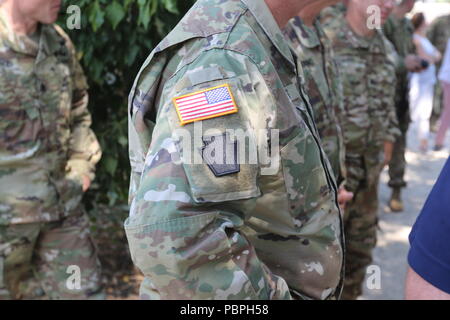 La Garde nationale de Pennsylvanie est une composante de la Garde nationale de l'armée des États-Unis qui trace le service de l'unité jusqu'aux campagnes de la première Guerre mondiale en France. L'image d'archives documente les membres qui se sont rendus à Sissonne, en France, au cours de la semaine du 23 juillet 2018, pour commémorer leur engagement dans la première Guerre mondiale. Le tirage photographique historique rend compte de l'activité d'observance du centenaire. Banque D'Images