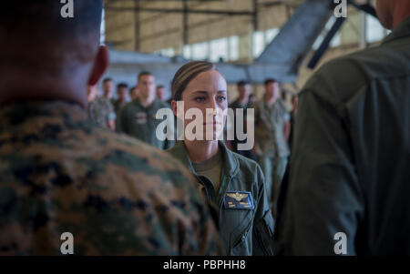 Le Capitaine Ryan J. Boyer, Capt A. Molly O'Malley, et Sgt. Garrett D. Mills de l'Escadron d'hélicoptères lourds Marine (HMH), 462 aéronefs Marine Group (MAG) 16, 3e escadre aérienne de la Marine (MAW) recevoir la Médaille de l'air Marine Corps Air Station Miramar, Californie, le 24 juillet. Le général Kevin M. IIams, 3e commandant général MAW, présente les Marines la médaille pour leurs vaillants efforts immédiats et à assurer la sécurité de leurs passagers après leur avion a pris feu pendant les opérations de ravitaillement au large de la côte d'Okinawa, au Japon, le 11 octobre 2017. (Marine Corps photo par le Sgt. Dominic Romero/libérés) Banque D'Images