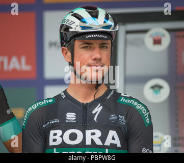 Horse Guards Parade, Londres, Royaume-Uni. 29 juillet, 2018. La seule course UCI WorldTour pour hommes s'aligne pour commencer la course dans le centre de Londres, le top riders sont présentés aux spectateurs. Photo : Bora Hansgrohe Équipe. Credit : Malcolm Park/Alamy Live News. Banque D'Images