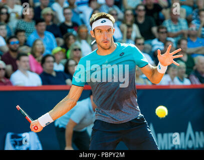 Hambourg, Allemagne, 29 juillet 2018. Tennis ATP Tour German Open, des célibataires, des hommes, dans la finale Tennis Stadium à Rothenbaum : Basilashvili (Géorgie) - Mayer (Argentine). Leonardo Mayer au cours de la partie. Photo : Daniel Bockwoldt/dpa dpa : Crédit photo alliance/Alamy Live News Banque D'Images