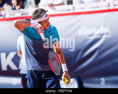 Hambourg, Allemagne, 29 juillet 2018, l'Allemagne, Hambourg, Tennis ATP Tour German Open, des célibataires, des hommes, dans la finale Tennis Stadium à Rothenbaum : Basilashvili (Géorgie) - Mayer (Argentine). Leonardo Mayer au cours de la partie. Photo : Daniel Bockwoldt/dpa dpa : Crédit photo alliance/Alamy Live News Banque D'Images