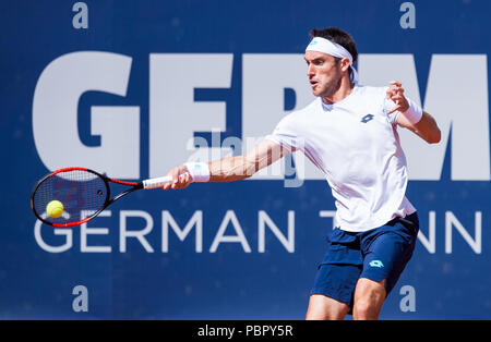 Hambourg, Allemagne, 29 juillet 2018, l'Allemagne, Hambourg, Tennis ATP Tour German Open, des célibataires, des hommes, dans la finale Tennis Stadium à Rothenbaum : Basilashvili (Géorgie) - Mayer (Argentine). Leonardo Mayer au cours de la partie. Photo : Daniel Bockwoldt/dpa dpa : Crédit photo alliance/Alamy Live News Banque D'Images