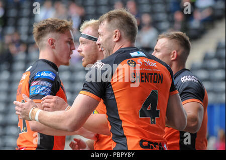 Widnes, UK, le 29 juillet 2018 , sélectionnez Sécurité Stadium, Widnes, Angleterre ; Betfred Super League rugby, Round 23, Widnes Vikings v Castleford Tigers ; Oliver Holmes de Castleford Tigers célèbre son crédit d'essayer : Nouvelles Images /Alamy Live News Banque D'Images