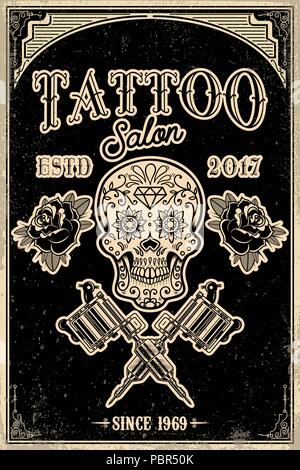 Studio de tatouage modèle d'affiche. Crâne avec traversée machines à tatouer sur grunge background. L'élément de conception de logo, étiquette, emblème, signe, de l'affiche. Je vecteur Illustration de Vecteur