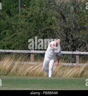 Un joueur lance la balle dans de la frontière dans un match de cricket entre Birch Vale et Thornsett deuxième équipe et Stalybridge St Paul's deuxième équipe. Banque D'Images