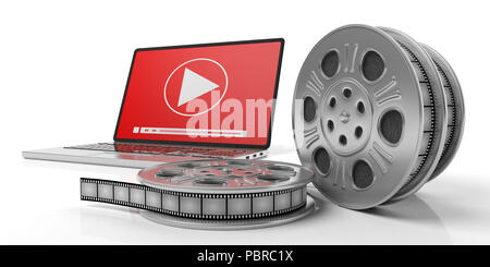 Image concept. Les bobines de film de cinéma et un ordinateur portable sur un fond blanc, isolé, 3d illustration. Banque D'Images