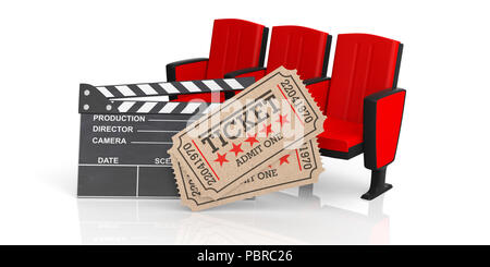 Concept de cinéma. Les anciens types de billets de cinéma, beige et rouge à clapet film cinéma sièges sur un fond blanc, 3d illustration. Banque D'Images