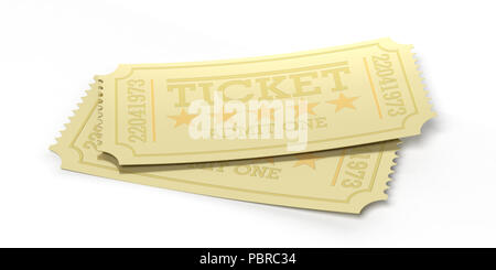 Concept de cinéma. Deux billets de cinéma ancien type golden isolé sur un fond blanc, 3d illustration. Banque D'Images