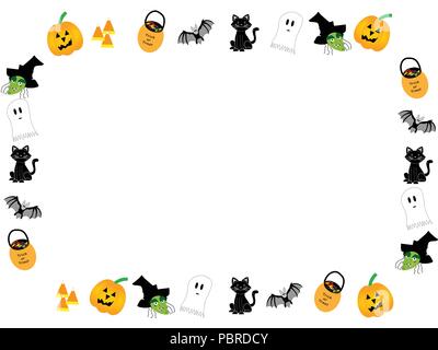 L'illustre avec châssis Halloween Jakc o'Lantern, sorcière, chat noir, candy corn, bat, et ghost Trick or Treat sac sur blanc. Illustration de Vecteur