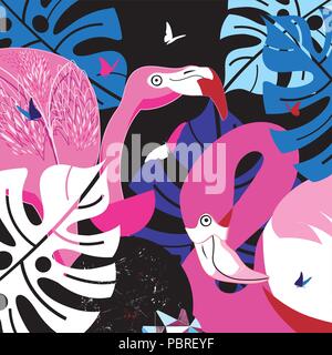 Les flamants roses dans la jungle tropicale Illustration de Vecteur