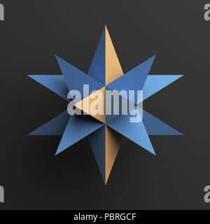 Abstract blue star objet avec des polygones jaunes sur fond gris foncé, 3d illustration Banque D'Images