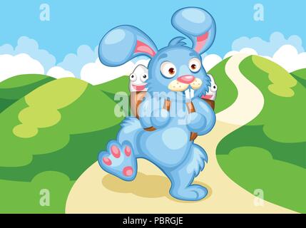 Cartoon illustration d'un lapin de Pâques avec des oeufs dans son sac à dos, Paysage de printemps, ciel bleu, Green Hills, journée ensoleillée, maison de vacances Illustration de Vecteur