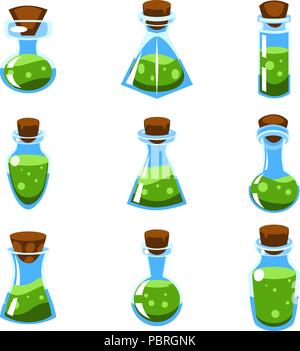 Cartoon vector Set de potions verte dans des bouteilles de forme différente pour un jeu Illustration de Vecteur