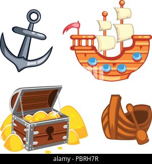 Ensemble d'éléments du vecteur de dessin animé sous-marines d'un navire, une ancre, un coffre avec de l'or, un bateau Illustration de Vecteur