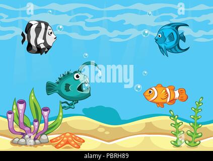 L'Underwater world vector illustration d'algues, d'étoiles de mer, poissons et coquillages Illustration de Vecteur