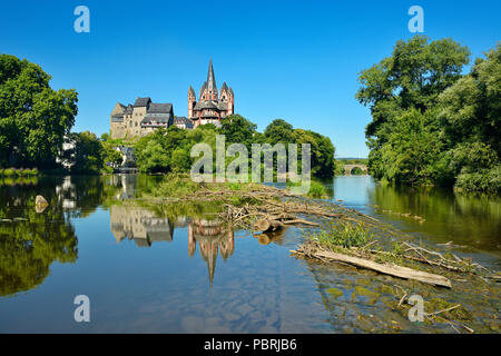 Limburg Cathédrale St Georg ou St George's Cathedral et Château de Limbourg sur la rivière Lahn, Weir avec driftwood Banque D'Images