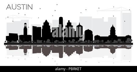 Austin Texas City skyline silhouette noir et blanc avec des reflets. Vector illustration. Concept simple pour le tourisme, la bannière de présentation Illustration de Vecteur