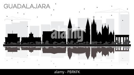 Guadalajara Mexico City skyline silhouette noir et blanc avec des reflets. Vector illustration. Concept simple pour le tourisme, la bannière de présentation Illustration de Vecteur