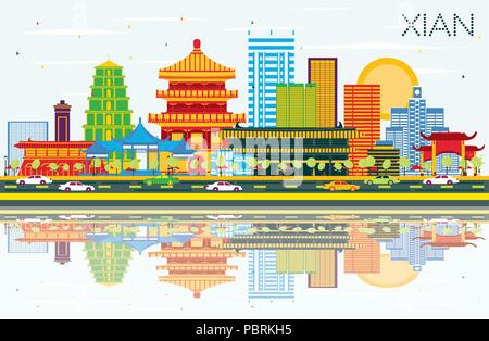 Xian Chine avec toits de bâtiments, de couleur bleu ciel et les réflexions. Vector Illustration. Les voyages d'affaires et tourisme Concept avec l'architecture historique Illustration de Vecteur