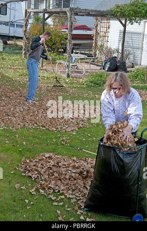 Une mère et son fils travaillent ensemble pour nettoyer leur cour à l'automne. Les deux profitent de cette belle journée d'automne, ramasser des feuilles tombées d'un Banque D'Images