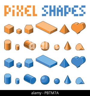 Collection de pixel art 3D isométrique de formes. Jeu de 8 bits à l'ancienne. Les couleurs orange et bleu Illustration de Vecteur