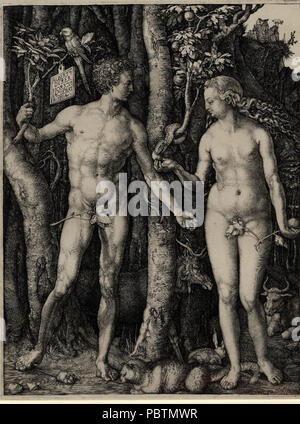 Adam et Eve debout de chaque côté de l'arbre de la connaissance avec le serpent par Albrecht Dürer. Banque D'Images